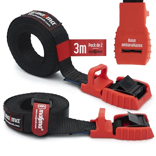 MAGMA Pack 2 Cinchas de Amarre de 3m | Correas para Baca Coche y Portabicicletas. Surf, Bici, Kayak, Moto | Hebilla -Trinquete con Protección de Goma para no rayar | Carga segura - SWL: 250kgf Rojo