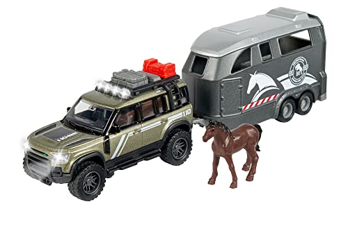 Majorette - Grand Series, Land Rover Defender con Remolque para Caballos, 25cm, Escala 1:43, Fabricado en Metal y Plástico, Luz y Sonido (213776000)