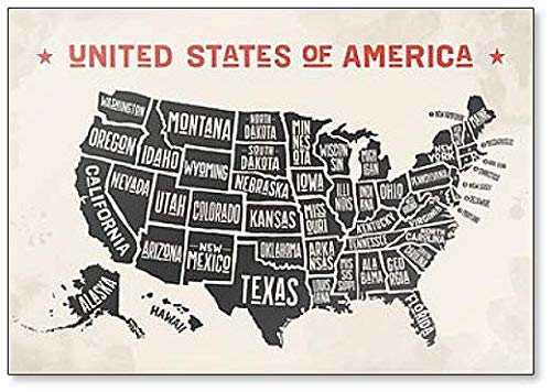 Mapa de Estados Unidos de América con nombres de estado. Imán para nevera con impresión en blanco y negro