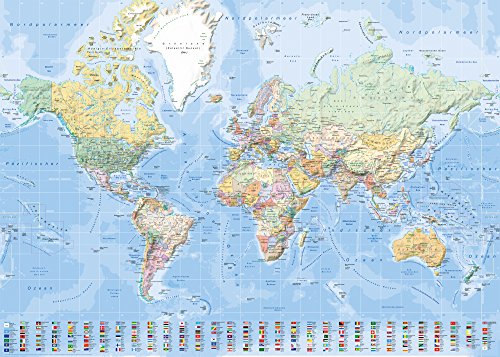 Mapa del mapa del mundo con banderas alemanas, 140 x 100 cm, versión alemana