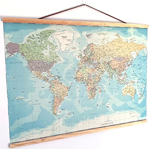 Mapa Mundi Pared Grande - Impreso tela 370gr/m2 con textura/Lienzo - Mapamundi Tamaño 135x89,5cm - Mapa del Mundo Gigante con textos en inglés - Cuadro Mapa Mundi Pared Grande