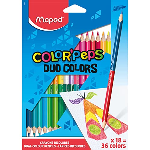 Maped - Pinturas de Madera - Lápices de Colores Duo - 18 Pinturas con Doble Punta - 36 Colores Diferentes - Mina Blanda y Resistente - Incluye 1 Lápiz de Oro y Plata