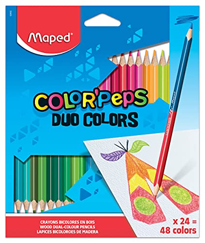 Maped - Pinturas de Madera - Lápices de Colores Duo - 24 Pinturas con Doble Punta - 48 Colores Diferentes - Mina Blanda y Resistente - Incluye 1 Lápiz de Oro y Plata