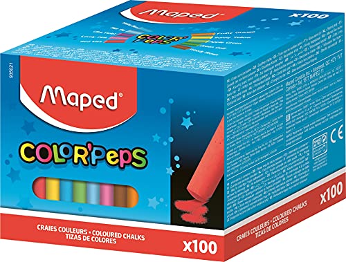 Maped - Tizas de Colores - Tizas para Aceras - 100 Tizas para Pizarras - Fabricadas con Carbonato de Calcio - Fórmula Libre de Polvo - Mejor Visibilidad y Legibilidad - 10 Colores