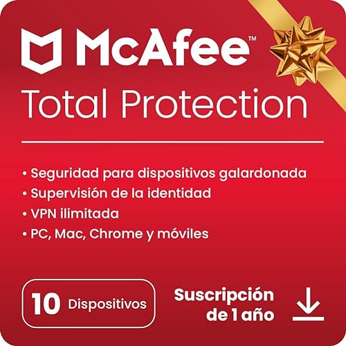 McAfee Total Protection 2023 | 10 dispositivos | Software de seguridad en Internet con antivirus | VPN ilimitada | 1 año de suscripción | Descargar Código