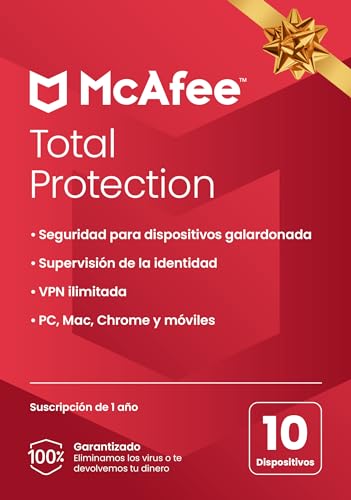 McAfee Total Protection 2023, 10 dispositivos, Software de seguridad en Internet con antivirus, VPN ilimitada, 1 año de suscripción, Tarjeta de clave