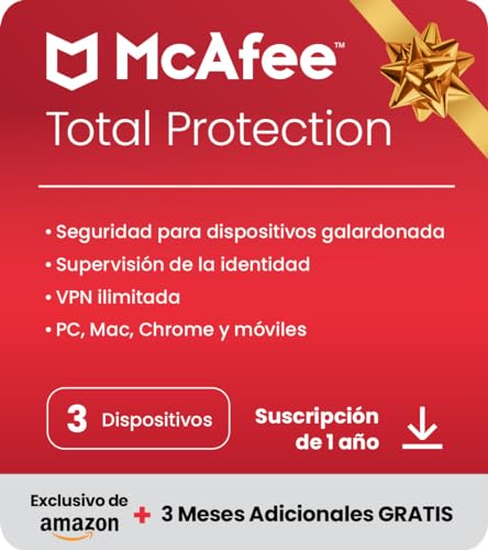 McAfee Total Protection 2023 | Exclusivo en Amazon | 3 Dispositivos | 12 Meses + 3 | Software de seguridad en Internet con antivirus | VPN ilimitada | Descargar Código