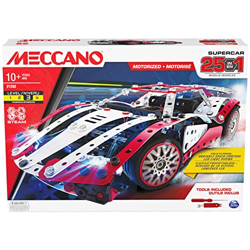 MECCANO-SUPERCAR 25 EN 1-kit de construcción de modelo STEM Supercar 25 en 1 Motorizado con 347 piezas,herramientas reales y faros funcionales, juguetes para niños y niñas a partir de 10 años-6062054