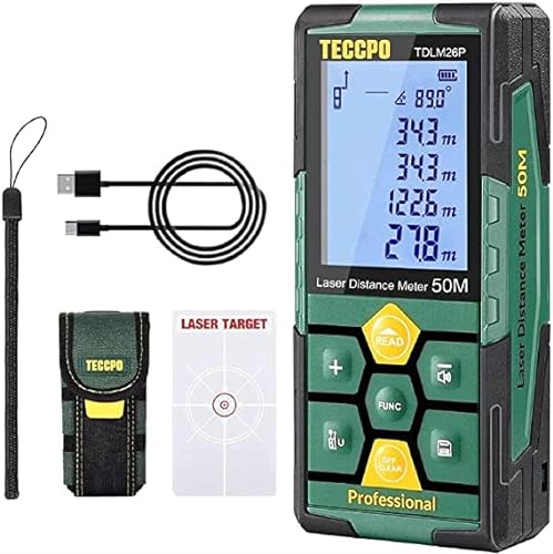 Medidor Láser 50m, USB 30mins Carga rápida, TECCPO Telémetro láser , Electrónico Ángulo Sensores, 99 Datos, 2.25'' LCD Retroiluminación, Medición de Distancia, Área, Volumen, Trípode, IP54, TDLM26P