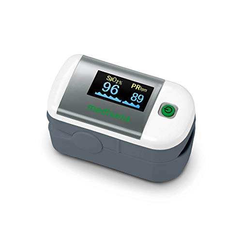 medisana PM 100, oxímetro de pulso, medición de la saturación de oxígeno en la sangre, oxímetro de pulso para el dedo con pantalla OLED y funcionamiento de un solo toque, 53 gr