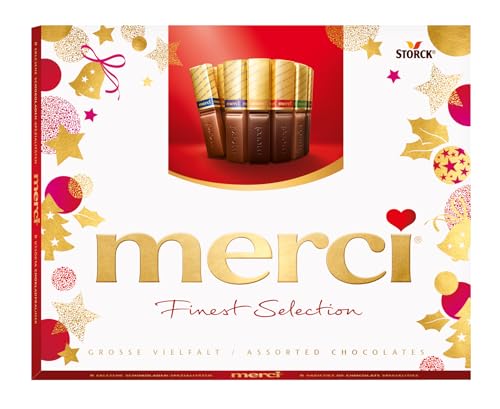 merci, Finest Selection Gran Variedad, Bombones surtidos de 8 especialidades de chocolate relleno y sin relleno, 1 x 250 g