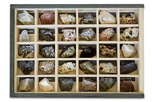 MINERALES Y FOSILES NANO Colección de 30 Rocas Premium en Caja de Madera Natural - Rocas Reales educativas de Gran tamaño con Hoja de descripción. Kit Geología para niños
