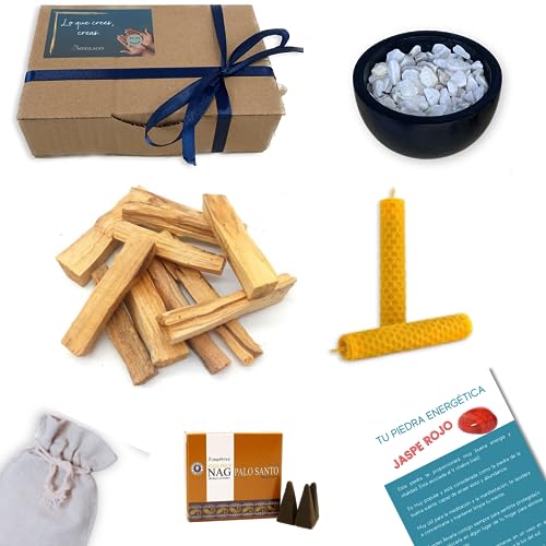 MISSLAGO Limpieza energética. Pack Palo Santo Premium XL (50 gr) con Soporte de esteatita, 2 Velas de Miel para días 11 y 22, Conos de Incienso Palo Santo y Piedra Mineral sopresa en bolsita.