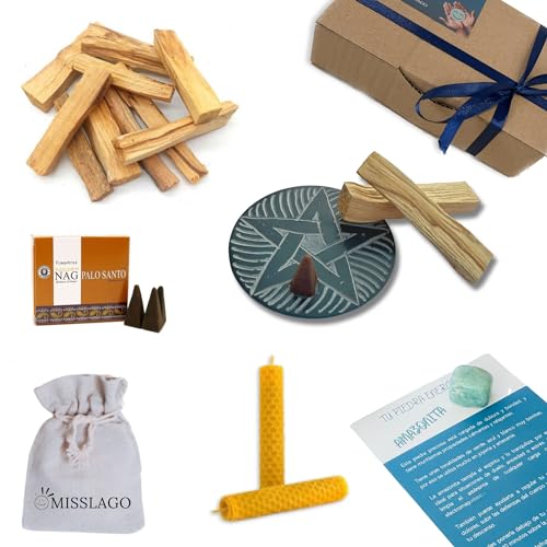 MISSLAGO - Pack Completo Soporte para inciensos + 4 Palo Santo para Quemar + 2 Velas de Miel + 5 Conos de Incienso de Palo Santo + Piedra energética Sorpresa + QR Contenido Digital.