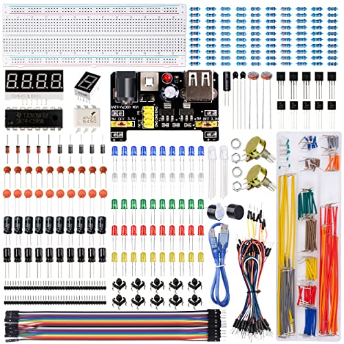 Miuzei Starter Kit Electrónico Compatible con Arduino Raspberry Pi,STM-32 Incluye Módulo de alimentación,Placa de Prototipos (Protoboard),Diodos LED,Kit componentes electronicos para Principiantes