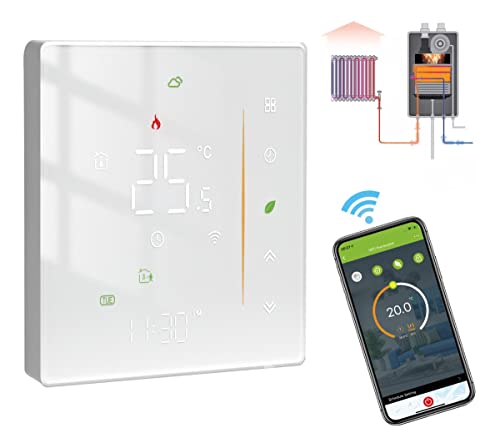 MOES Termostato Calefacción WiFi para Caldera,Termostato Inteligente de Ambiente Programmabile con Clima,Humedad,Compatible con Alexa Echo/Google Home,Control con App(Blanco)