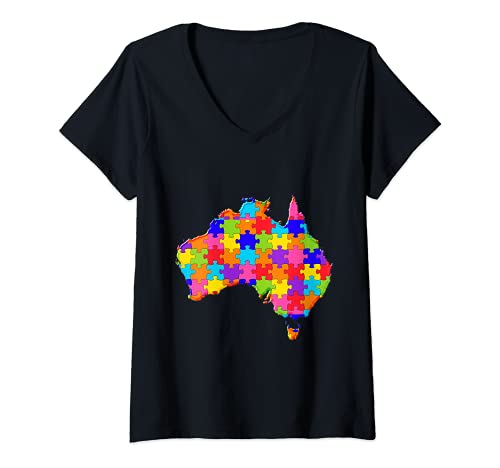 Mujer Puzzle Jigsaw Australia Mapa autismo Camiseta Cuello V