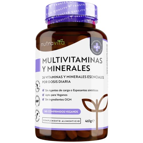 Multivitaminas y Minerales - 365 Comprimidos Veganos - Complejo Multivitaminico con 26 Esenciales Vitamina D3, C, A, B, E, Yodo, Selenio, Calcio, Hierro, Zinc - Hombre y Mujer - Nutravita