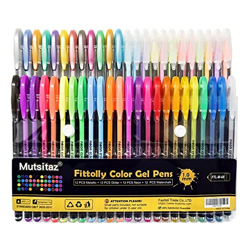 Mutsitaz Juego de 48 bolígrafos de gel con purpurina, metálico, pastel, 4 tipos para dibujar, escribir adultos y libros para colorear
