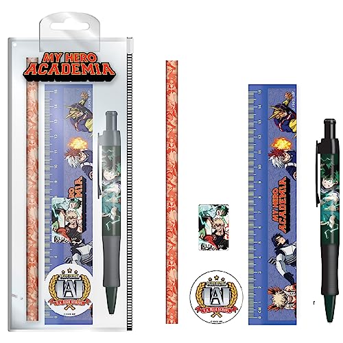 My Hero Academia - Juego de papelería de 5 piezas con bolígrafo, lápiz, regla, sacapuntas y borrador (diseño ultra potente) para niñas, niños, hombres y mujeres, producto oficial