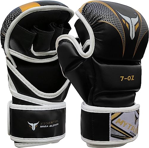 Mytra Fusion Guantes MMA con Palma Abierta y muñequera Ajustable, guantillas MMA para Sparring, Grappling, Cage Fighting, Deportes de Combate, Saco de Boxeo y Artes Marciales (Black Gold, L/XL)