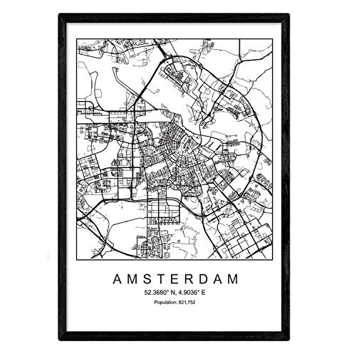 Nacnic Lámina Mapa de la Ciudad Amsterdam Estilo nordico en Blanco y Negro. Poster tamaño A3 Enmarcado con Marco Negro Impreso Papel 250 gr. Cuadros, láminas y Posters para Salon y Dormitorio