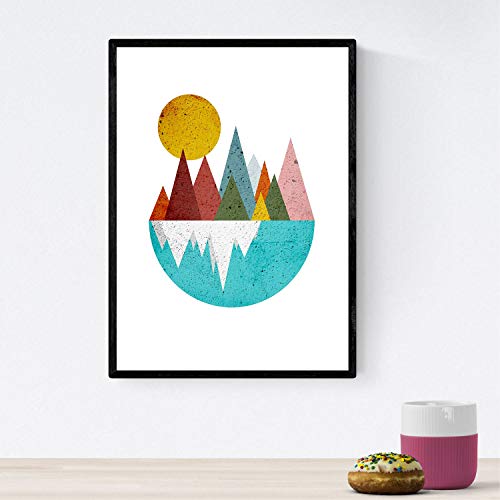 Nacnic Poster con dibújo nórdico de círculos. Lámina Montañas en el Lago Dia, ilustrada con con círculos y Formas con Estilo Minimalista. Diseños escandinavo para Interior. Tamaño A4