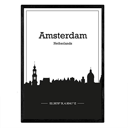 Nacnic Poster con Mapa de Amsterdam - Holanda. Láminas con Skyline de Ciudades de Europa con Sombra Negra. Tamaño A4 con Marco