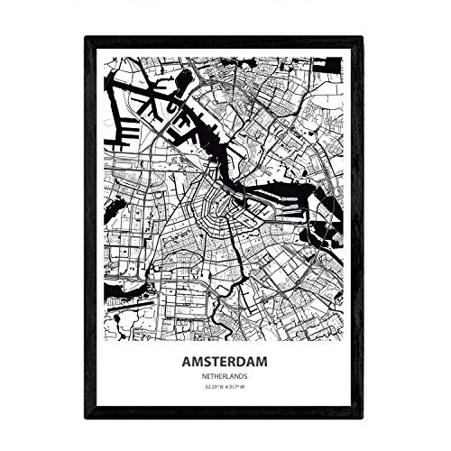 Nacnic Poster con Mapa de Amsterdam - Holanda. Láminas de Ciudades de Holanda y Bélgica con Mares y ríos en Color Negro. Tamaño A3