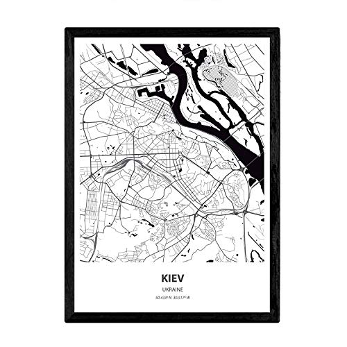 Nacnic Poster con Mapa de Kiev - Ucrania. Láminas de Ciudades de Europa con Mares y ríos en Color Negro. Tamaño A4 con Marco