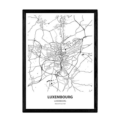 Nacnic Poster con Mapa de Luxemburgo - Luxemburgo. Láminas de Ciudades de Europa con Mares y ríos en Color Negro. Tamaño A3