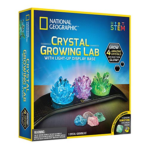 National Geographic Kit de cultivo de cristales para niños, kits educativos de ciencia para niños a partir de 8 años con 3 cristales, 4 piedras preciosas auténticas y base iluminada, regalos STEM para