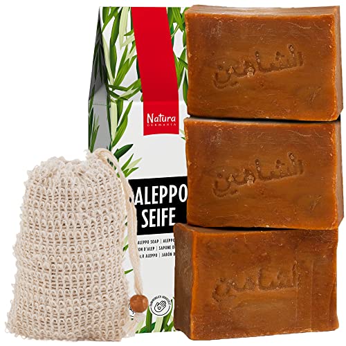 Natura Germania® Set de 3 jabones originales de Alepo 80% aceite de oliva / 20% aceite de laurel, cada uno de aproximadamente 200 gr (alrededor de 600 gr en total) + bolsa de jabón de sisal