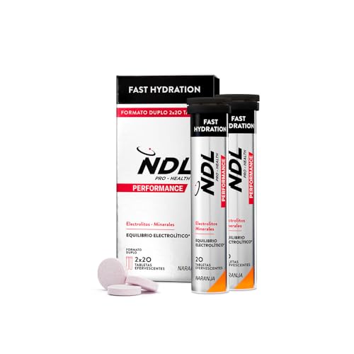 NDL Pro-Health Fast Hydratation - Tabletas de hidratación rápida, bebida electrolitos y sales minerales para el deporte, disminuye el cansancio y la fatiga, sabor Naranja, Pack 2, 40 tabletas