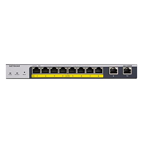 NETGEAR GS110TP Switch PoE Smart, switch Gigabit Ethernet con 8 puertos PoE+ a 55 W, 2 SFP de 1G, gestión en la nube opcional, montaje de sobremesa/pared y soporte técnico limitado de por vida