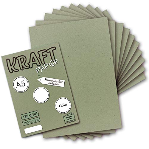 NEUSER PAPIER 100 hojas de papel de estraza vintage en color verde DIN A5, 120 g/m²; papel reciclado de 21 x 14,8 cm, papel de carta ecológico