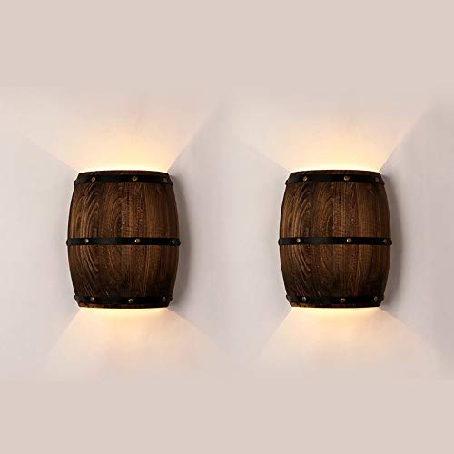 Newrays 2 paquetes Antique 2 Tomacorrientes Wood Wine Barrel Aplique de pared Accesorio de iluminación Arriba y abajo Lámparas de pared interiores para el área de la barra Tema Steampunk