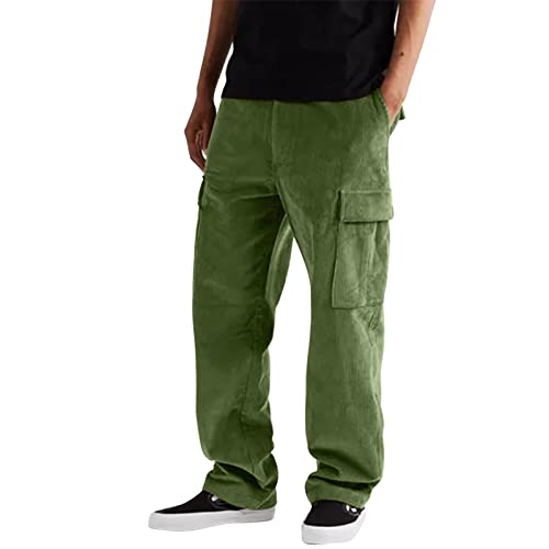 NHNKB Pantalones de pana para hombre, pantalones cargo elásticos para hombre, holgados, otoño e invierno, color sólido, pana, multibolsillo, pantalones rectos, pantalones de calle, informales,