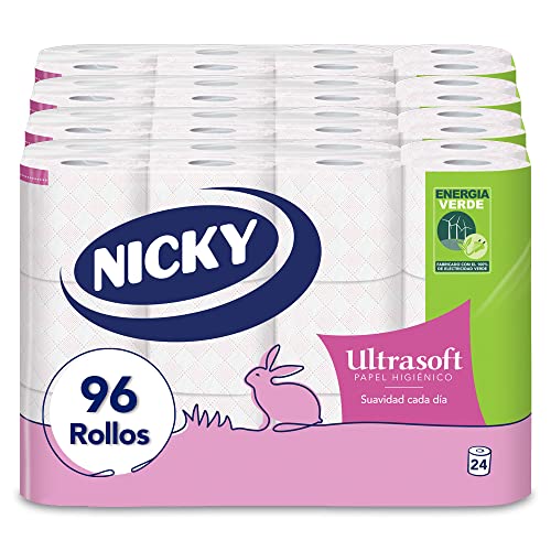 Nicky Ultrasoft Papel Higiénico | 96 rollos | 2 capas, 140 servicios por rollo | Con suave y delicado aroma a talco | Envase abre fácil | Papel 100% certificado FSC®