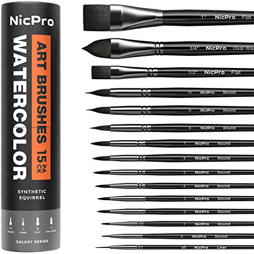 Nicpro 15 PCS Pinceles de Acuarela, Pinceles Pintura Acrilica, Pelo de Ardilla Fino Sintético Suave, Redondo, Ideal para Principiantes y Profesionales