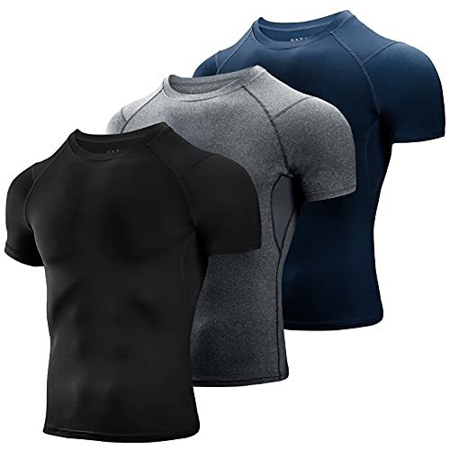 Niksa 3 Piezas Camiseta Compresión Hombre,Deportiva para Hombre Amiseta de Manga Corta Camiseta Entrenamiento Hombre Diseño de Malla Transpirable Secado rápido para Gym,Negro+Gris+Azul Marino,Tamaño M