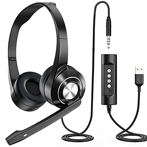 NIUQIGE Auriculares para PC con Microfono, USB/3,5 mm Cancelacion de Ruido & Sonido Estereo Claro Cascos Business para Skype, Seminario Web, Centro de Llamadas, Escuela, Cursos Online, Oficina