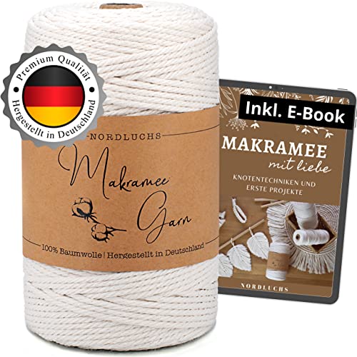 Nordluchs Hilo de macramé natural prémium de 100% algodón, fabricado en Alemania, 3 mm x 200 m, para manualidades, incluye libro electrónico sobre bases y tus primeros proyectos (idioma español no