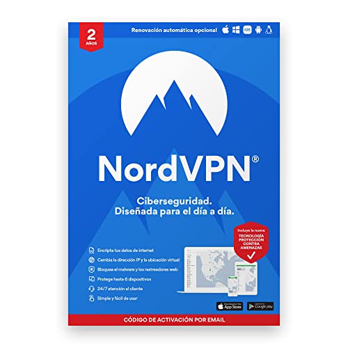NordVPN Estándar - 2 años de VPN y software de ciberseguridad - Bloquea malware, enlaces y anuncios maliciosos, protege tu información personal | 2 Años | Código de activación enviado por email