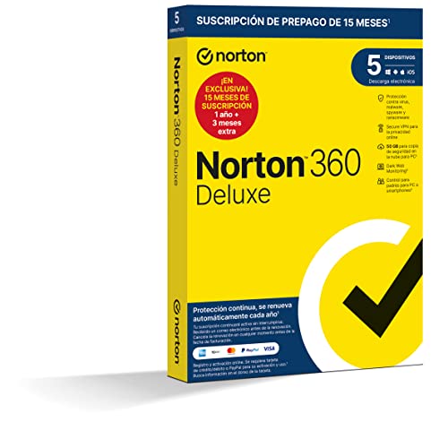 Norton 360 Deluxe 2024 - Antivirus software para 5 Dispositivos y 15 meses de suscripción con renovación automática, Secure VPN y Gestor de contraseñas, para PC, Mac tableta y smartphone