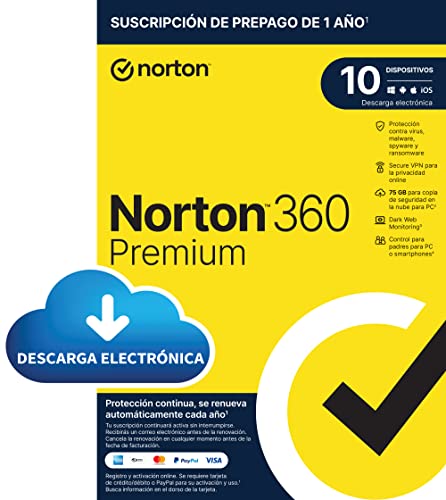 Norton 360 Premium 2024 - Antivirus software para 10 Dispositivos y 1 año de suscripción con renovación automática Secure VPN y Gestor de contraseñas|PC/Mac/Ios/Android|Enviado por email