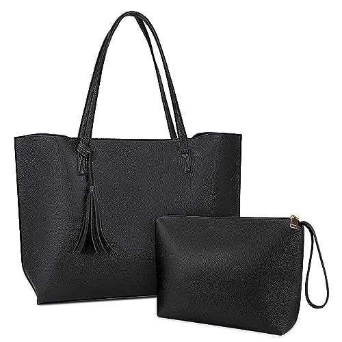 NUBILY Bolsos de Mujer Bolso Mujer Bolso Shopper Grandes Mujer Cuero PU Tote Bag para Universitarias Borla Bolsa de Playa Impermeable 2Pcs Set Negro