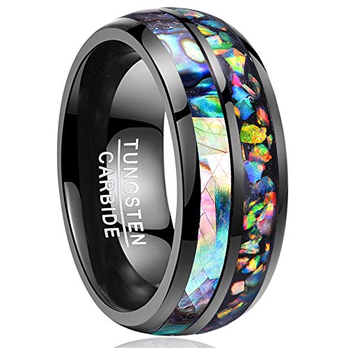 NUNCAD Anillo Hombre Mujer Parejas de Tungsteno Negro 8mm de Ancho con Ópalo Genuino y Concha de Abulón para Boda Aniversario Día de San Valentín Talla 27.25