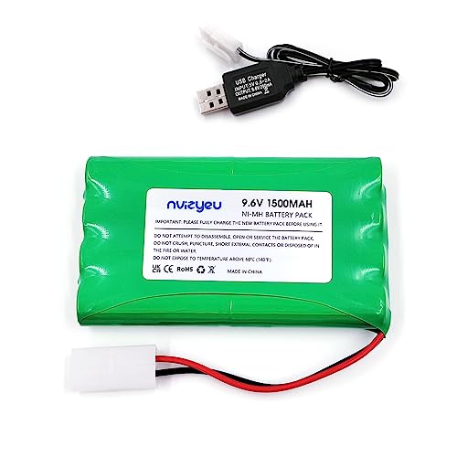 Nvizyeu batería de 9,6v, batería de níquel - hidrógeno 1500mah, batería Recargable AA, Enchufe Tamiya, Adecuado para Barcos de Control Remoto, Tanques de Control Remoto, con Cable de Carga USB