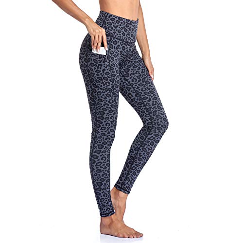 Occffy Leggings Mujer Deporte Cintura Alta Mallas Pantalones Deportivos Leggins con Bolsillos para Yoga Running Fitness y Ejercicio Oc01(Leopardo Cian, M)